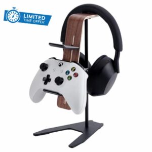 UNICRAFTALE Headphone Stand for Desk Wood & Aluminum Gaming Headset Stand Wooden Black Headphones Holder Headsets Holders with Solid Heavy Base for Gaming Equipment Headset Holder 23.5x4.6x7.7cm