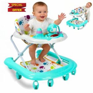 Baby Walker Foldable Walkers with Wheels for Boys Girls from 6 Months 5 Levels Height Push Along Activity Music Ride On Car Removable Sea