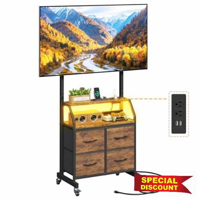 LED Light TV Stand on Wheels with Mount and Power Outlets