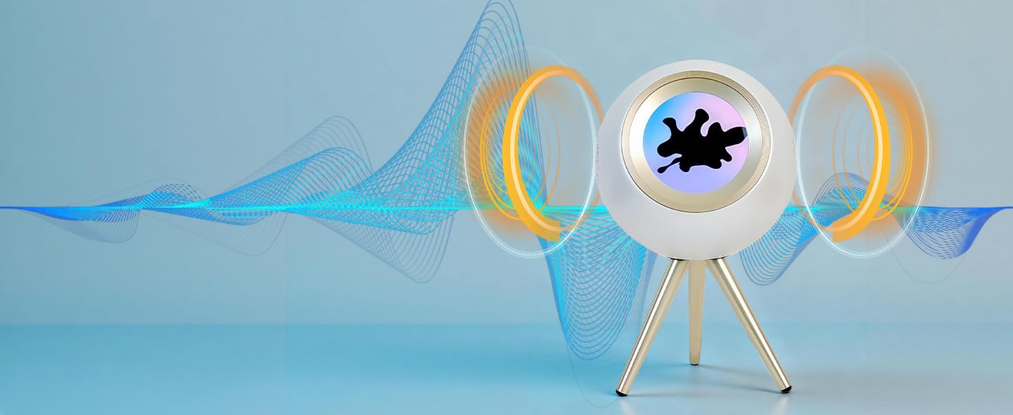 Abstract tech device concept with central circular display surrounded by golden ring elements against light blue background with flowing lines.