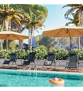 Poolside scene with lounge chairs under palm trees, featuring orange pool floats in turquoise swimming pool water.