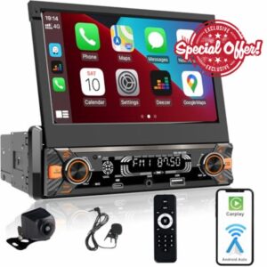 Single Din Car Stereo Touchscreen (7" Motorized Flip Out) Compatible with Apple CarPlay [Wireless] Android Auto Car Radio Bluetooth Type-C USB (3A Fast Charge) Backup Camera AUX