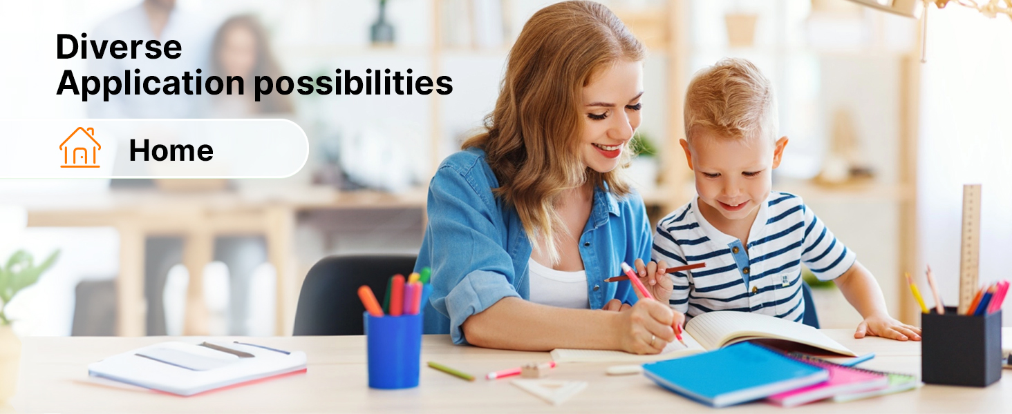 Text reads 'Diverse Applications possibilities' and 'Home'. People sitting at table working or studying with papers and materials spread out.