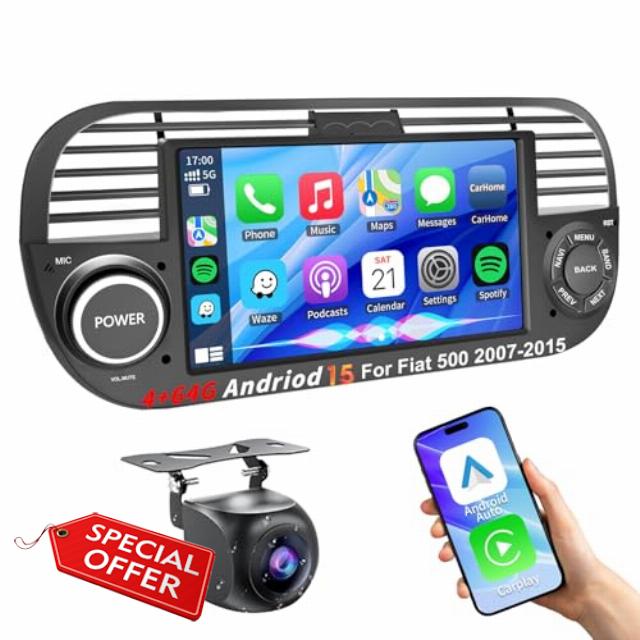 4+64G Android 15 Car Stereo for Fiat 500 (2007-2015) Wireless CarPlay & Android Auto &MIrror Link