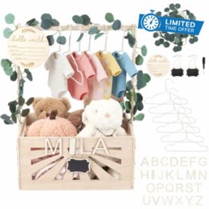 UNICRAFTALE Wooden Baby Shower Crate Closet Baby Storage with 8pcs Hanger Crate Hamper Shower Party Basket Welcome Babys Gifts Pregnancy Gifts for Parents 41x28x74cm