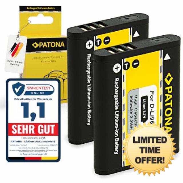 PATONA 2 x D-Li96 Battery 890 mAh / 3.3 Wh / 3.7 V Replacement Battery Compatible with Pentax WG-1000 WG1000 WG 1000 DLi96 DLi-96 DLi 96