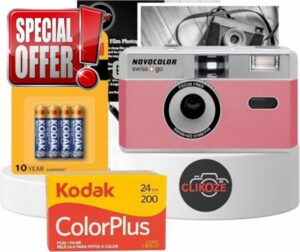 35mm Film Camera Bundle Includes Pink Swiss+Go Novocolor Analogue Film Camera with Kodak ColorPlus 24 EXP Film