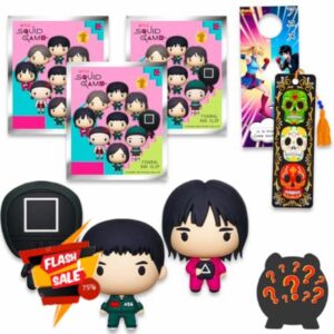 Squid Game Blind Bags Party Favors Set - Bundle with 3 Keychain Figures Plus Bookmark