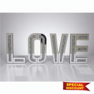 LOVE Bling Silver Crushed Diamond Mirrored Love Letter | Wall Hanging Mosaic Decoration | Sparkly Home Deco