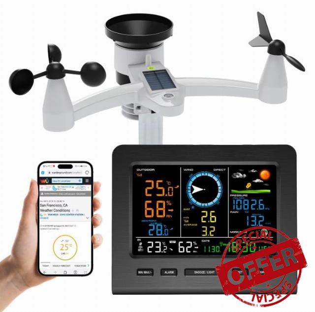 8-in-1 Wireless Weather Station with WiFi Sync Solar Powered Outdoor Sensor Indoor Real-time Temp/Humidity/Wind/Rain/Pressure for Home Garden Farm
