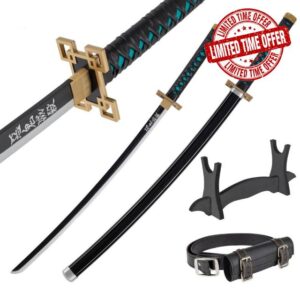 Wooden Katana Sword 30 inch / 77 cm with Belt Holder and Stand - Deamon Slayer Short Samurai Sword for Anime Cosplay - Bamboo Wakizashi Replica Swords - Decorative Collectables (No Sharp Edges)