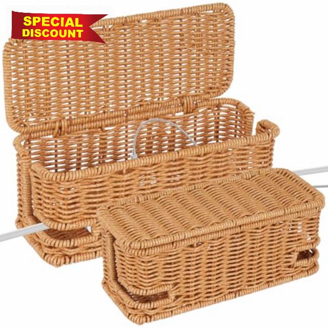2 Pack Rattan Cable Management Box Desk Cord Organiser with Lid Handwoven Rattan Cable Tidy Box Cord Hider Organizer for TV Wires Power Strips USB Hub Remote Control Storage