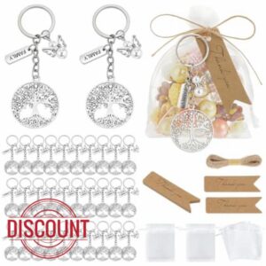 PH PandaHall 50 Sets Family Reunion Favors Tree of Life Keychain with Angel Charm Organza Gift Bags Tree Keyrings with Thank You Cards for Guest Return Gathering Souvenir Wedding Birthday Party Favo