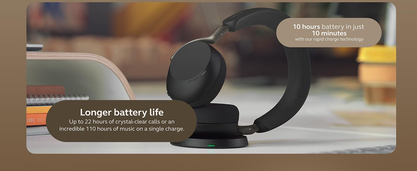 Text reads 'Longer battery life'. Product shot of black wireless earbuds or headphones against neutral background.