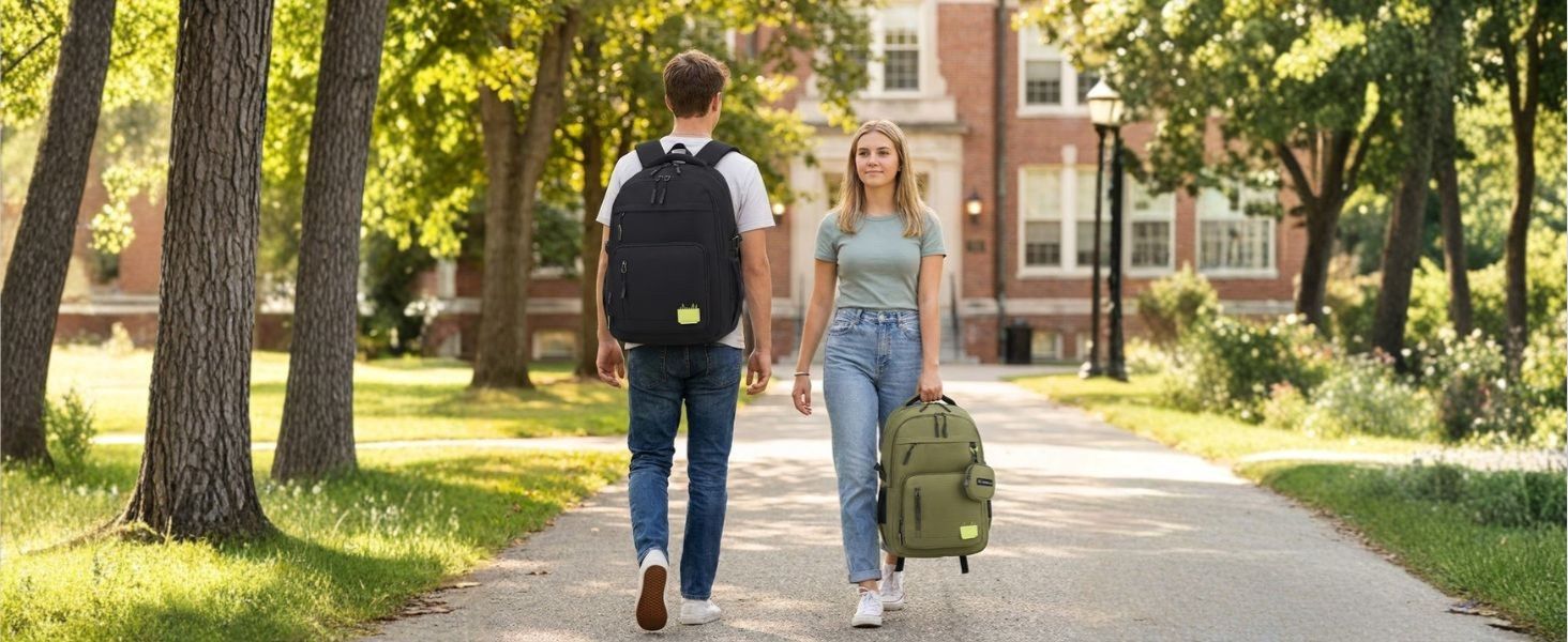 People walking on a tree-lined pathway or sidewalk in an outdoor park setting.