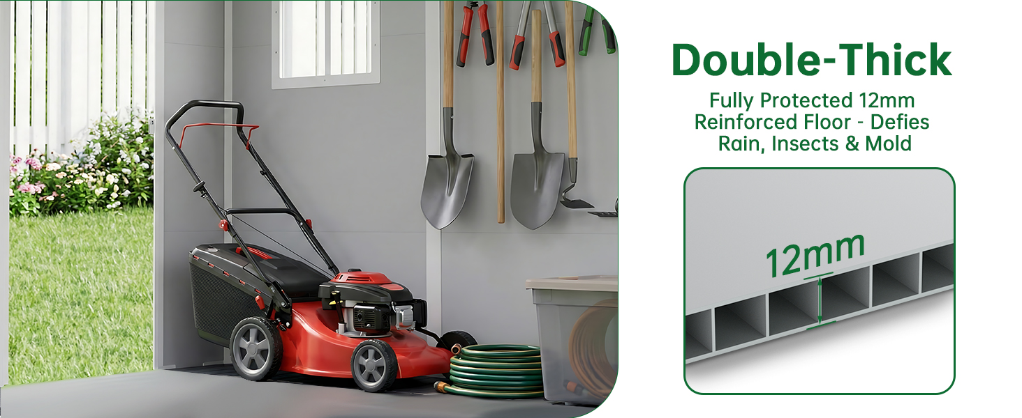 Text reads: 'Double-Thick 12mm'. Image shows red lawn mower stored in garage setting with garden tools on wall.