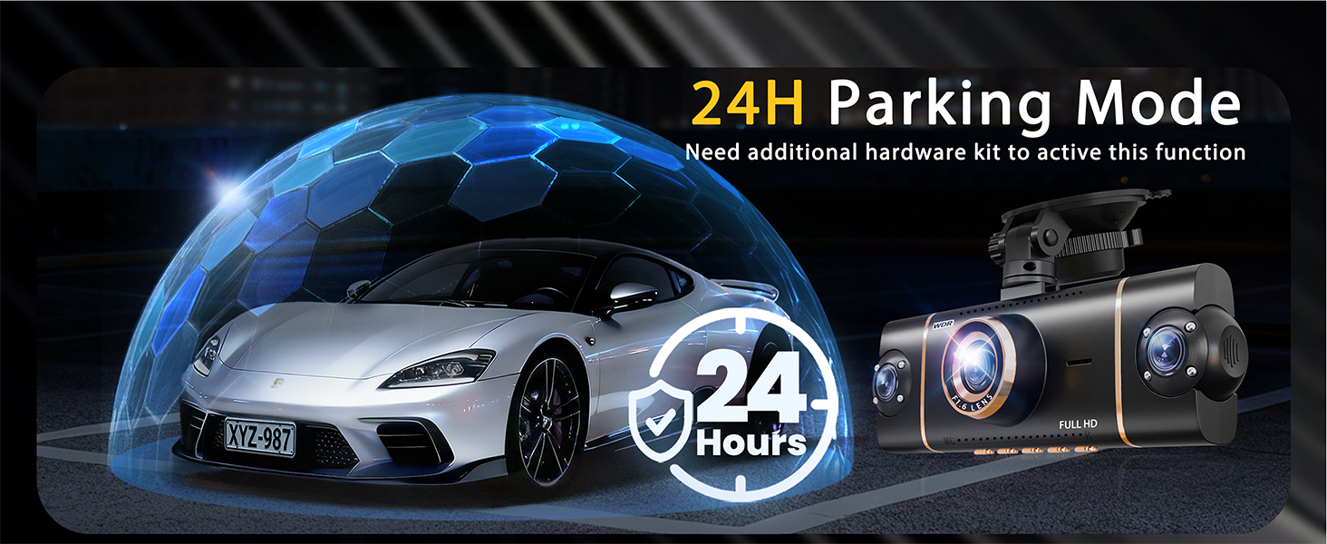 Text reads '24H Parking Mode'. Nighttime parking scene with vehicle and illuminated icons showing 24-hour surveillance features.