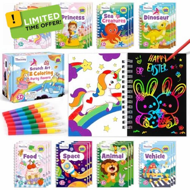 Mocoosy 24 Pack Scratch Art & Coloring Book Kit for Kids