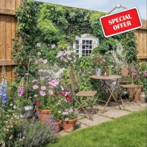 Waterproof Garden Wall Mural English Cottage Window with Blooming Pink Flowers and Green Vines