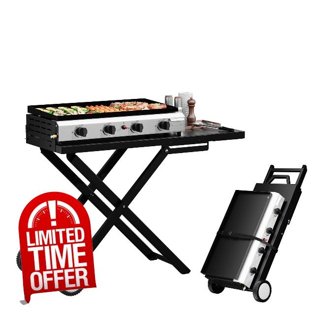 ROVSUN 4 Burner Foldable Propane Griddle with Wheels & Enameled Tray