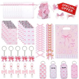 DICOSMETIC 130Pcs Pink Bow Party Favor Including 10Pcs Small Bowkont Hair Clips 8Pcs Notebooks 12Pcs Rubber Keychains 10Pcs Bow Keychain 20pcs Gift Bags 50Pcs Bowkont Stickers 20Pcs Bows Orname