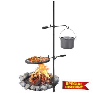 Portable 3-in-1 Campfire Grill Set - Heavy Duty Steel Swivel BBQ Grate with Round Grill Pan(13.4inch) & Cooking Net