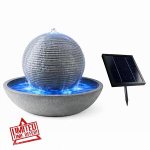 Solar Powered Ribbed Sphere Garden Water Feature with LED Lights & Battery Back-up | Outdoor Solar Water Fountain for Garden