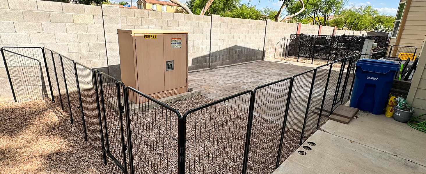 Series of images showing black metal fencing or gate installation around what appears to be a commercial or residential property area.