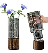 Glass Vase Cylindrical Smoked Grey Flower Vase with Wooden Base Plant Vases for Pampas Grass Drie...
