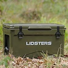 Text reads 'LIDSTERS'. Olive green storage case or container shown from multiple angles in outdoor grass setting, featuring secure clasps and handles.