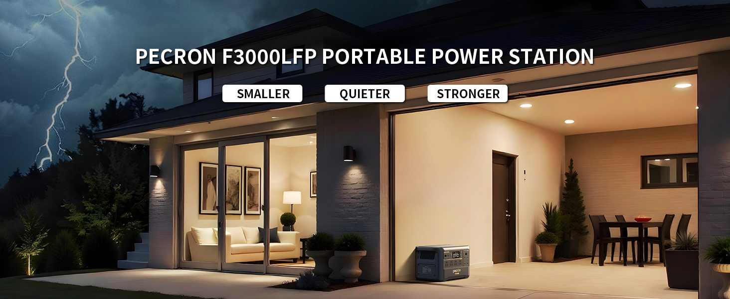 Text reads 'PECRON F3000LFP PORTABLE POWER STATION'. Multiple exterior views of a modern house with illuminated garage doors and entryway lighting at night.