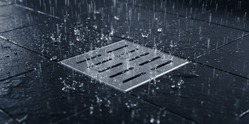 Urban street scene with wet cobblestone pavement in focus, showing rain-slicked stones and drainage grate in moody, grayscale tones.