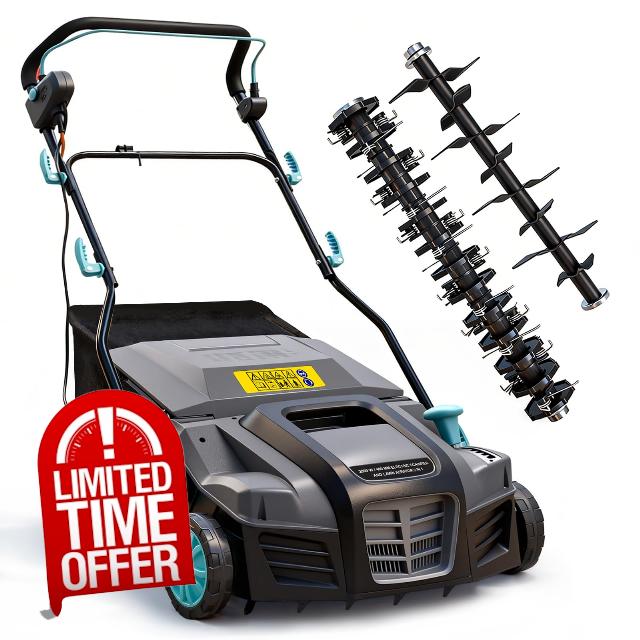 2000W Electric Lawn Scarifier and Aerator – Heavy-Duty 2-in-1 Lawn Rake for Dethatching