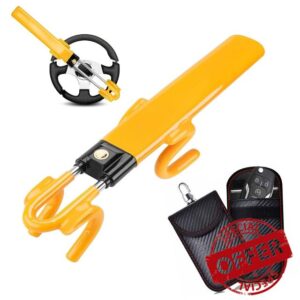 Steering Wheel Lock with Faraday Signal Blocker Pouch for Car Keys | High-Strength Anti-Cut Reinforced Alloy Steering Wheel Lock & Anti Theft Key Signal Blocker Pouch RFID Blocking Keyless Entry