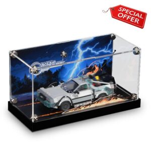 Acrylic Display Case for Lego Speed Champions Time Machine from Back to The Future 77256 with LED Lights & Flame Effects|USB-C Powered Acrylic Showcase with Cinematic Backdrop|Ideal Gift for Fans