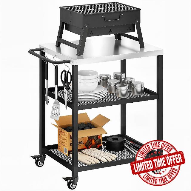 Outsunny Outdoor Grill Cart with Stainless Steel Tabletop for Food Prep