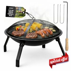 ZENO Fire Pit BBQ Grill | Fire Pit With Cooking Grill And Mesh Lid | Firepit Outdoor Garden Patio Heater | Round Steel Fire Pits For Garden With Poker And Spark Guard | Fire Pits for Garde