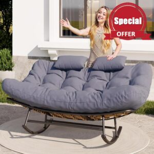 GRAVFORCE Rocking Chair Oversized Outdoor Rocking Egg Chair with Extra Thick Seat Cushion Rattan Comfy Rocking Lounge Chairs for Living Room Patio Garden Gray