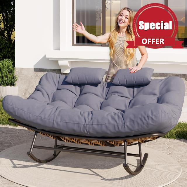 GRAVFORCE Rocking Chair Oversized Outdoor Rocking Egg Chair with Extra Thick Seat Cushion Rattan Comfy Rocking Lounge Chairs for Living Room Patio Garden Gray