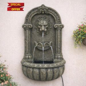Festive Lights - 55cm Black Lion Stone Effect Wall Mounted Hybrid Water Feature with Solar