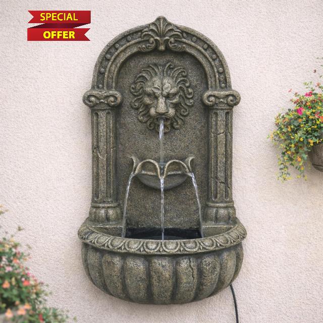 Festive Lights - 55cm Black Lion Stone Effect Wall Mounted Hybrid Water Feature with Solar