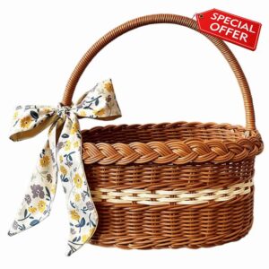 Wicker Basket with Handle|Wicker Basket with Handle Large Portable Rattan Picnic with Scarf Design Vintage Woven Hamper for Picnic Easter Egg Flower Outdoo
