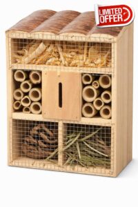 Insect Hotel Wooden Bee & Butterfly House – Large Garden Habitat Box 21.5cm Natural Wood Bug Shelter with Bamboo Tubes Pine Cones Mesh Nesting Sections for Pollinators Ladybirds Wildlife Garden (4)