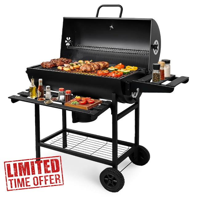 Large Charcoal BBQ Grill Smoker | Barrel Barbecue with Thermometer
