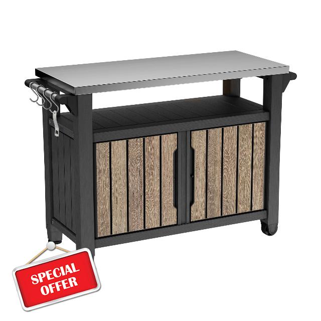 Keter Unity XL Outdoor Kitchen BBQ Table – Ashwood Brown | Stainless Steel Serving Station with Storage | Wood‑Look Finish