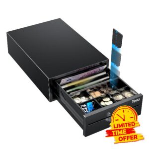 Tera Small Cash Drawer Register Cash Tray Adjustable: 20.8 × 30 × 9.8 cm with 4 Note Compartments 6 Coin Compartments Check Slot 2 Keys RJ12 Connector for POS Cash System Retail Supermarket 208