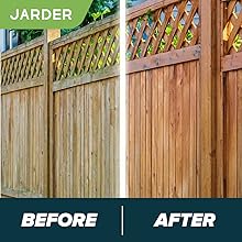 Text reads: 'JARDER', 'FOR USE ON' followed by 'Fencing, Concrete, Block Paving & More, Tarmac, Patios, Roofs, Driveways'. Shows various paving and concrete surfaces in beige and red tones.