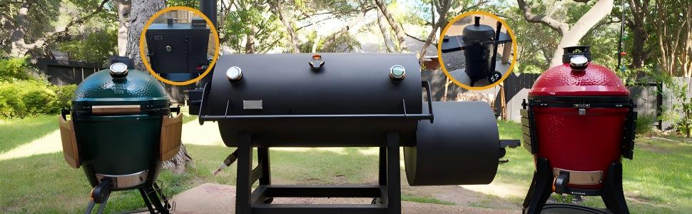Series of outdoor images showing different colored grills or smokers in use, with smoke visible, set up in backyard or patio environments.