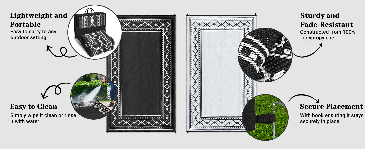 Product feature icons showing 'Lightweight and easy to carry', 'Easy to Clean', 'Sturdy and fade resistant', and 'Scratch Resistant' benefits with decorative corner designs.