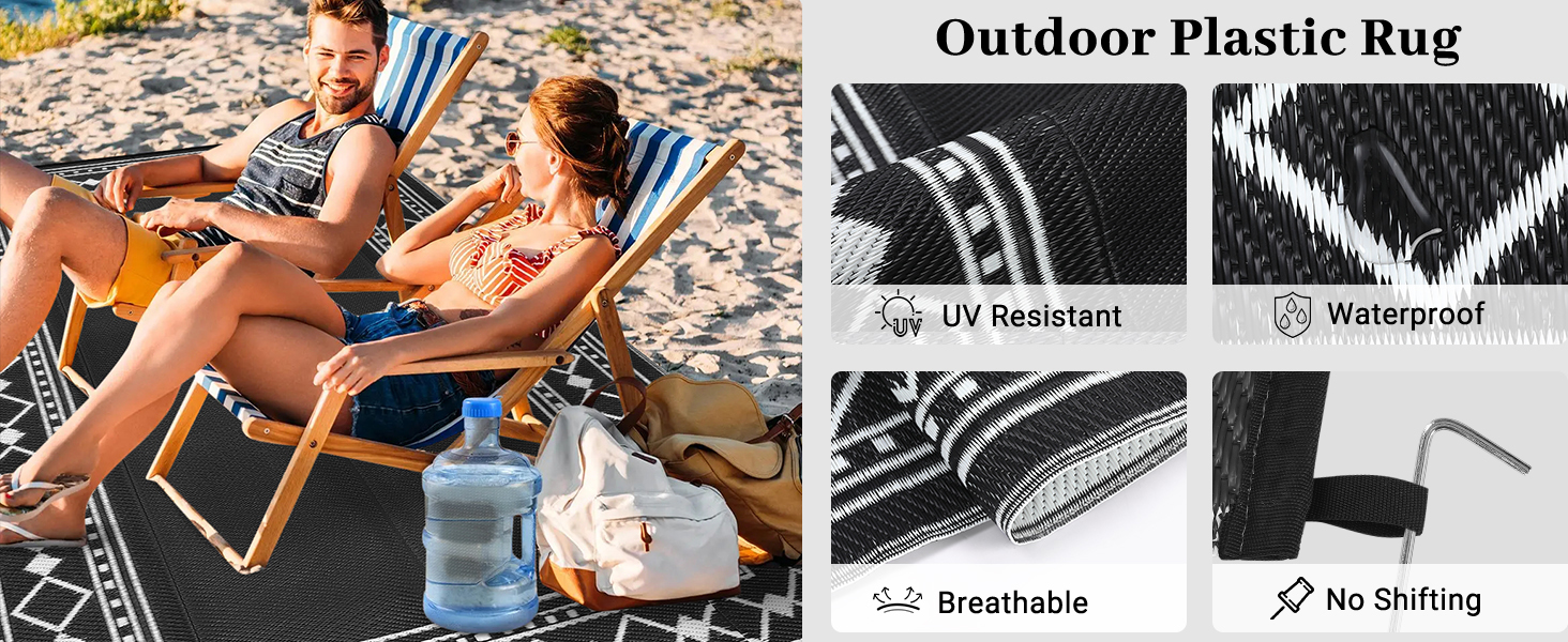 Text reads 'Outdoor Plastic Rug' with feature icons: 'UV Resistant', 'Waterproof', 'Breathable', 'No Sliding'. Shows rug usage in outdoor settings.